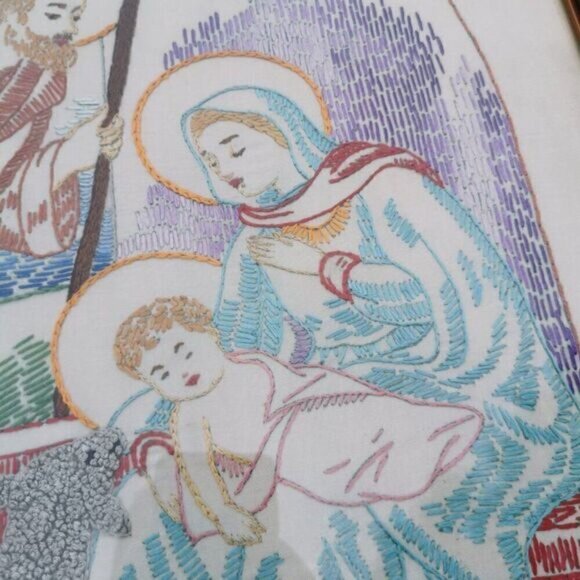 Framed Holy Family Nativity Needlepoint Vintage, Christmas Angels Embroidery - Picture 6 of 10